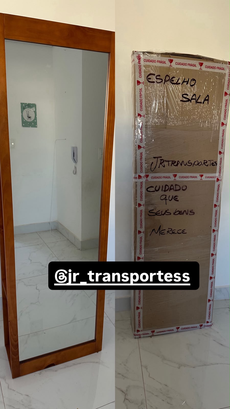 Espelho de sala embalado com proteção e fita cuidado frágil pela JR